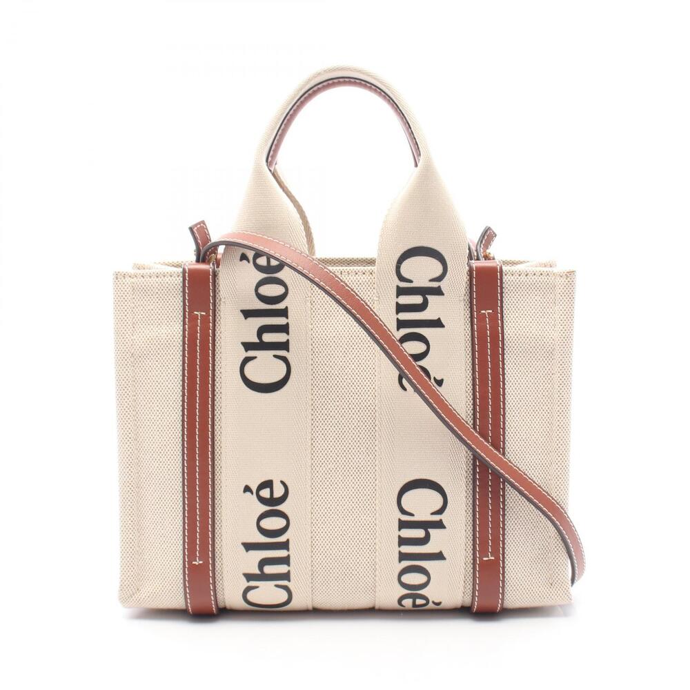 Chloe Woody Handbag Canvas Leather Ivory White Brown - Picture 1 of 5
